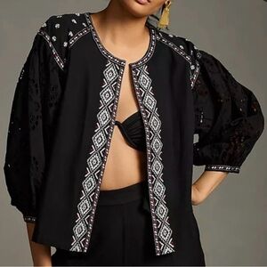 Anthropologie Black Jacket with Red and White Embroidery
